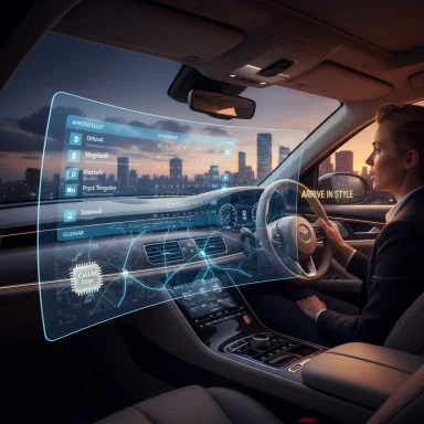 Futuristic car cockpit with a holographic HUD display as a driver steers at sunset.