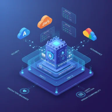 Isometric illustration of a secure AI platform linked to multiple cloud providers with governance.