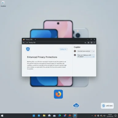 Desktop shows a Firefox window on 'Enhanced Privacy Protections' over a blurred stack of smartphones.