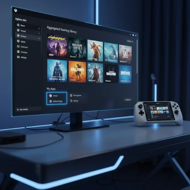 A gaming setup with a large monitor displaying a game library and a handheld console on a neon-lit desk.