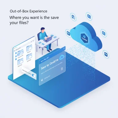 A 3D isometric scene shows a person saving files to the cloud via Copilot across Office apps.