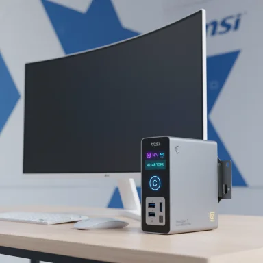 MSI mini PC with LED display sits on a desk beside a curved monitor.