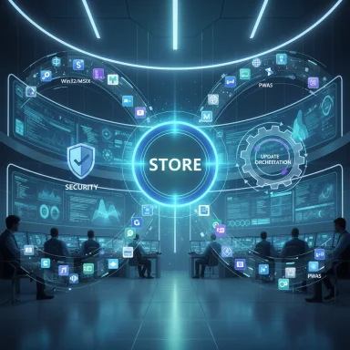 A futuristic control room with a glowing STORE hub and holographic dashboards.