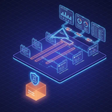 Neon isometric diagram of a cloud data platform with dashboards, data flows, and a security shield.