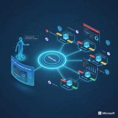 A neon infographic of Microsoft's OneLake hub connecting governance modules and dashboards.