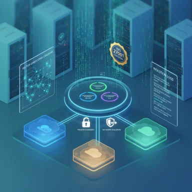 Futuristic data center with holographic diagrams, cloud icons, and ISO 27001 security certification.