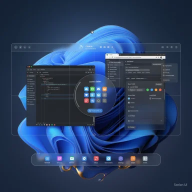 Futuristic Seelen UI with translucent windows, circular app launcher, and bottom dock.