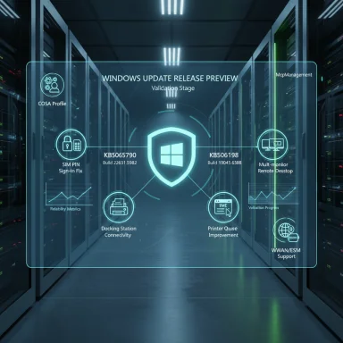 Futuristic data center featuring a holographic Windows Update Release Preview interface.