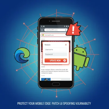 A smartphone displays a fake login prompt with a warning, illustrating a mobile UI spoofing vulnerability.