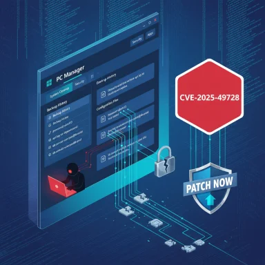 Hacker-themed cyber security graphic featuring a PC Manager UI, a CVE-2025-49728 badge and a “Patch Now” shield. Hacker-themed cyber security graphic featuring a PC Manager UI, a CVE-2025-49728 badge and a “Patch Now” shield.