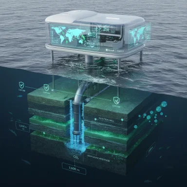 Floating offshore carbon capture platform injecting CO2 into a deep underwater reservoir.