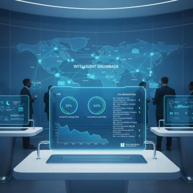 A futuristic control room with holographic dashboards displaying a global network map.