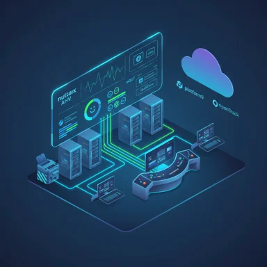 A neon-lit futuristic data center with glowing servers, control panels, and cloud logos.