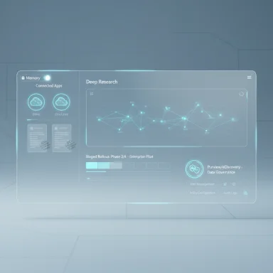 A futuristic holographic dashboard labeled 'Deep Research' showing data graphs and cloud icons.