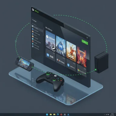 Futuristic Xbox setup with a transparent curved display, console, controller, and handheld device.