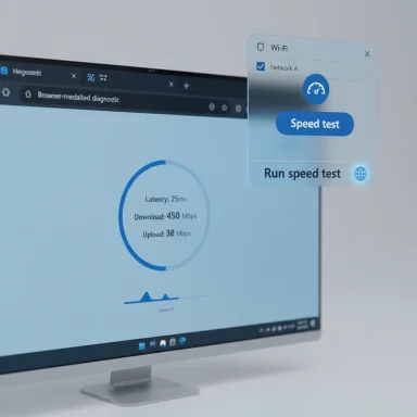 Monitor showing a browser diagnostic with latency and speeds, plus a floating Wi‑Fi speed test panel.