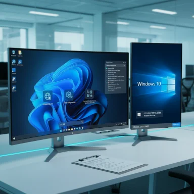 Two ultrawide monitors on a modern desk show Windows 11 and Windows 10 screens.