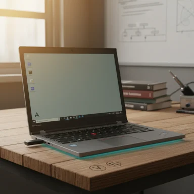 Lenovo laptop on a wooden desk beside books and charts in a sunlit office.