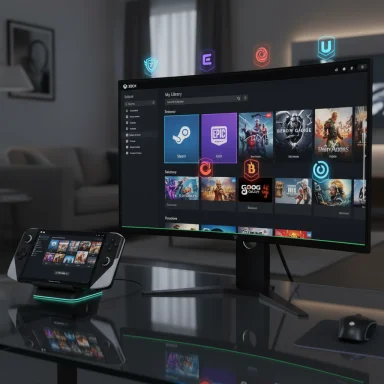 A sleek gaming desk with a monitor showing Steam library and a Steam Deck on a glowing dock.