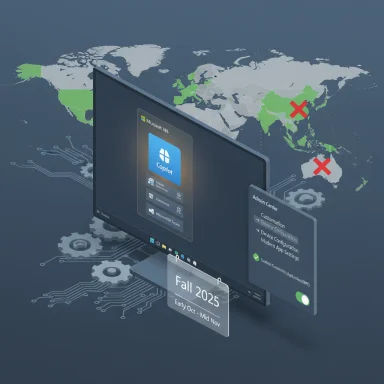 Futuristic monitor UI shows Copilot with a world map and Fall 2025 timeline.