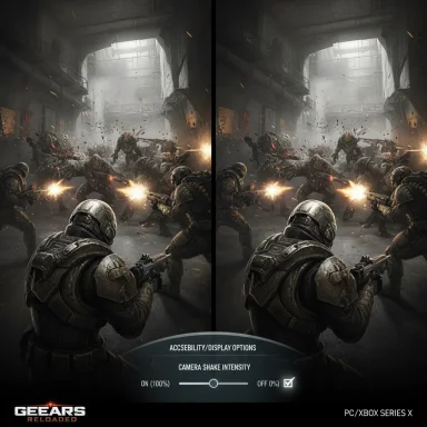 Split-screen shooter action: armored soldiers battle waves of enemies in a gritty industrial complex.