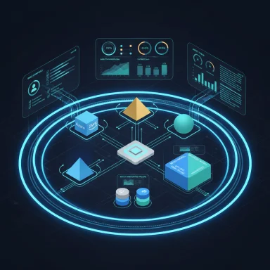 Futuristic cloud architecture with holographic dashboards surrounding a central platform.