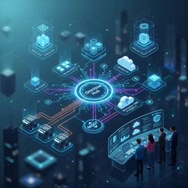 A futuristic holographic data hub with interconnected modules and analysts at a control console.