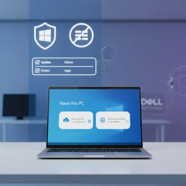 Laptop on a white desk displays a 'Reset this PC' screen with blue repair icons on a blue backdrop.
