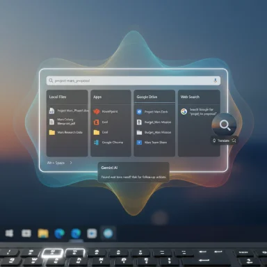 Futuristic AI search overlay on a laptop screen with Local Files, Apps, and Drive panels.
