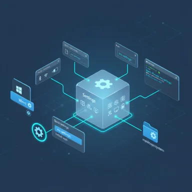 A glowing central Settings cube connected to floating UI panels and icons.