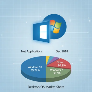 Dec 2018 desktop OS market share: Windows 10 39.22%, Windows 7 36.9%, Other 26.9%.
