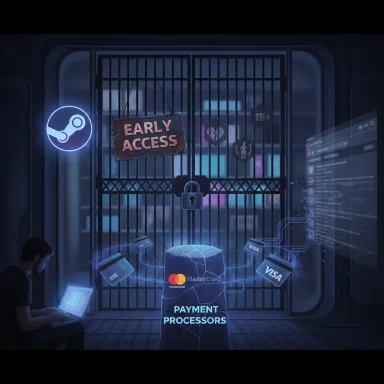 A neon-lit gate labeled 'Early Access' guards a digital payment processor hub with Visa/Mastercard icons.