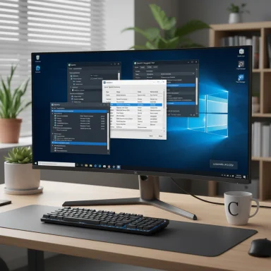 A modern desk setup featuring a large curved monitor, keyboard, mug, and plants.