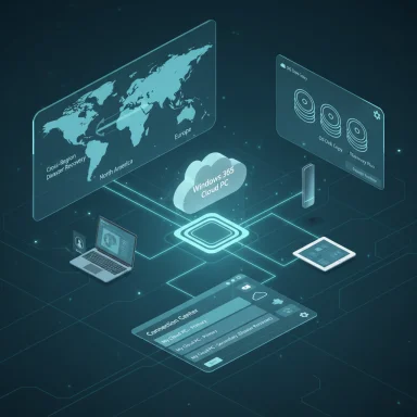 Futuristic Windows 365 Cloud PC network with a global map, disks, and connected devices.