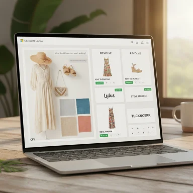 A laptop screen shows a fashion catalog with a dress, fabric swatches, and product tiles.