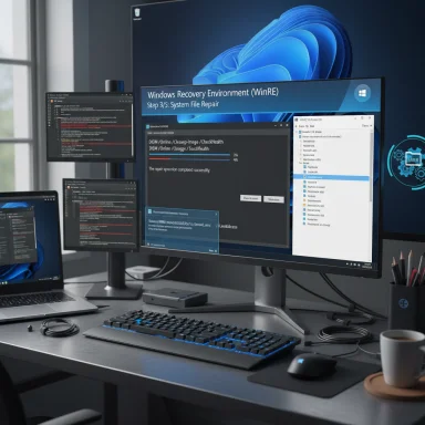 A multi-monitor coding setup with Windows Recovery Environment on the main display.