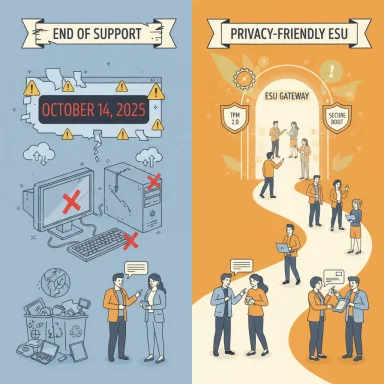 Split infographic contrasts end-of-support tech on blue side with a privacy-friendly ESU gateway on orange.