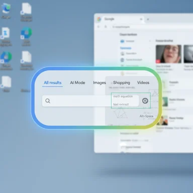 A glowing rounded search bar with gradient border and category tabs floats over a blurred desktop.