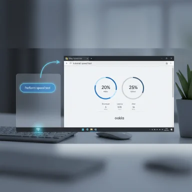 A modern desk setup with a laptop displaying an Ookla speed test and a glowing 'Perform speed test' button.