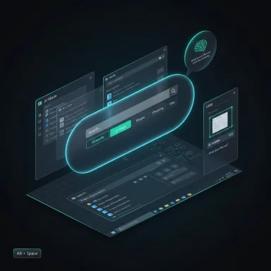 Futuristic holographic AI interface with floating glowing panels around a laptop.