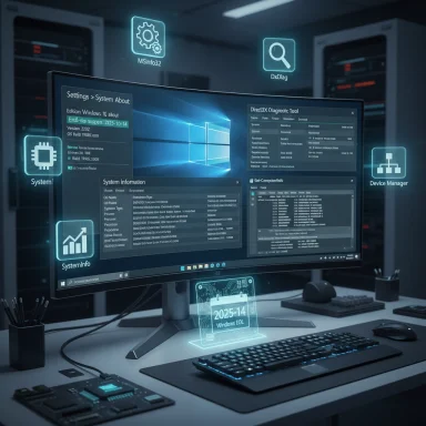 Futuristic workstation with holographic Windows diagnostics and system panels.