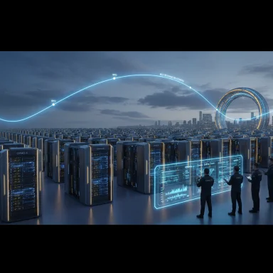A futuristic data center with rows of servers, a glowing blue data arc, and holographic analytics.