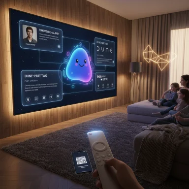 Family sits on a couch watching a large wall screen with neon space UI in a cozy living room.