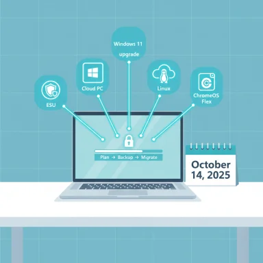Laptop shows migration options: Windows 11 upgrade, Cloud PC, Linux, ChromeOS Flex; Oct 14, 2025.