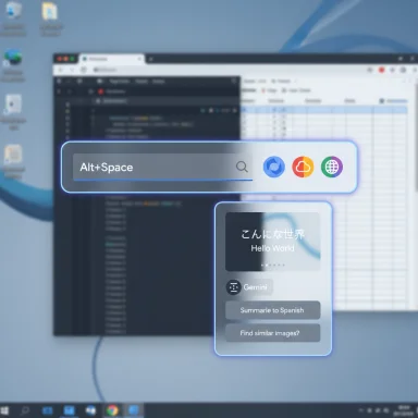 A glowing Alt+Space search bar with floating tool panels over a blurred desktop showing code and spreadsheets.