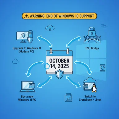 Warning: End of Windows 10 support on Oct 14, 2025; upgrade or switch options shown.