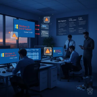 IT staff in a blue-lit office monitor Windows 10 End of Support alerts and notices.