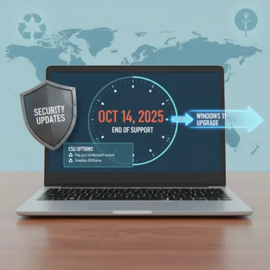 Laptop display marks Oct 14, 2025 as end of support for Windows 11 upgrade with a security shield.