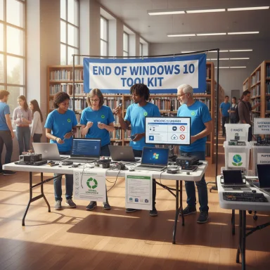 Volunteers in blue shirts demo a Windows 10 toolkit at a library information booth.