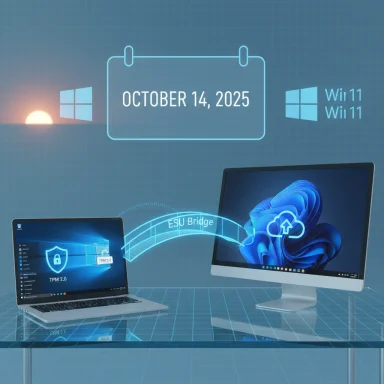Windows devices connect via ESU Bridge on a blue grid, with a calendar showing Oct 14, 2025.